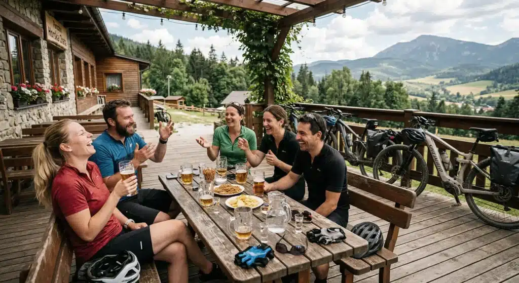 Teambuilding na e-bikoch v okolí Bratislavy – skupina kolegov na firemnom výlete